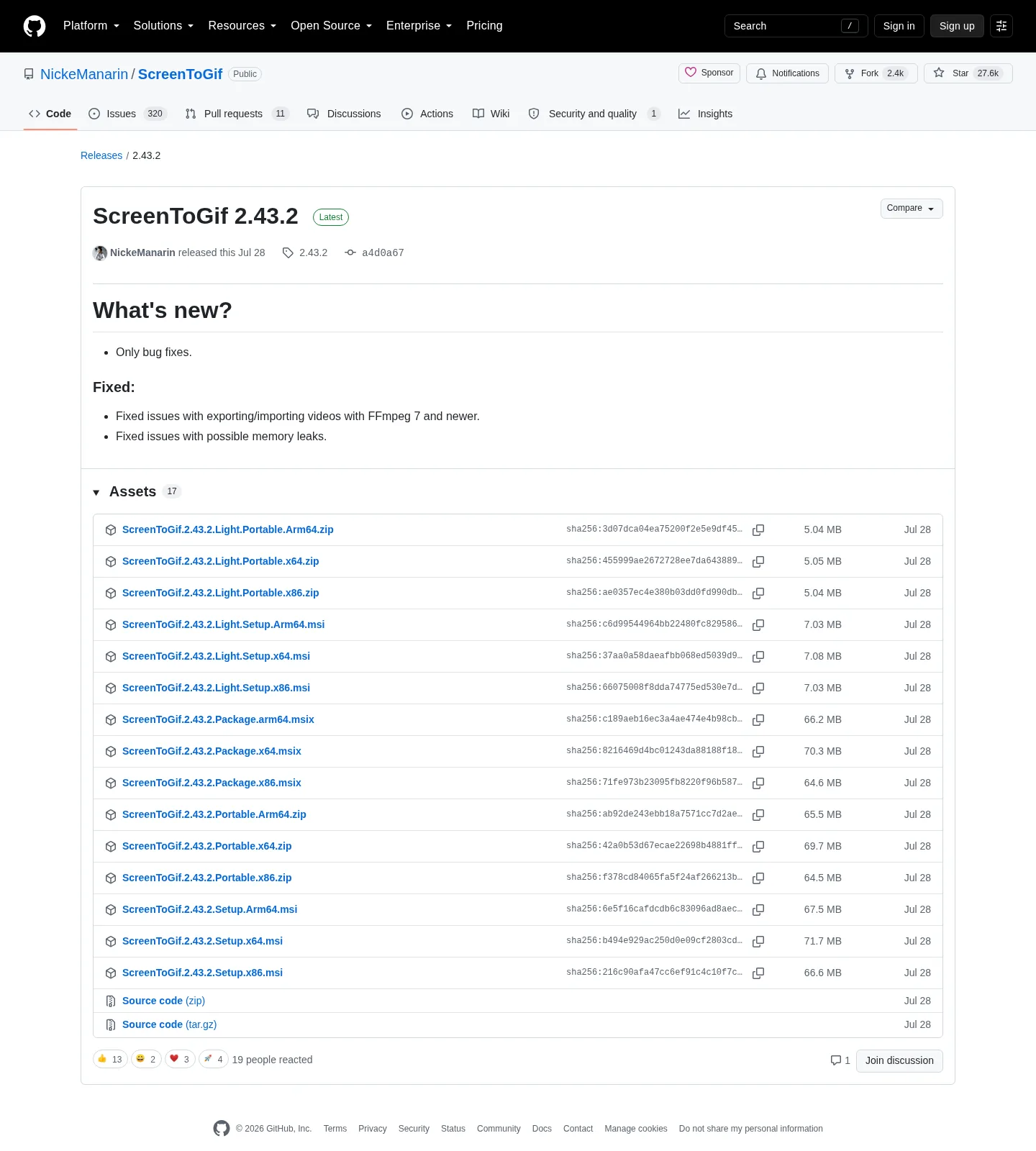 GitHub Releases page for NickeManarin/ScreenToGif showing the current tag asset list: setup MSI, portable zip, light files, and MSIX for x64, x86, and Arm64.