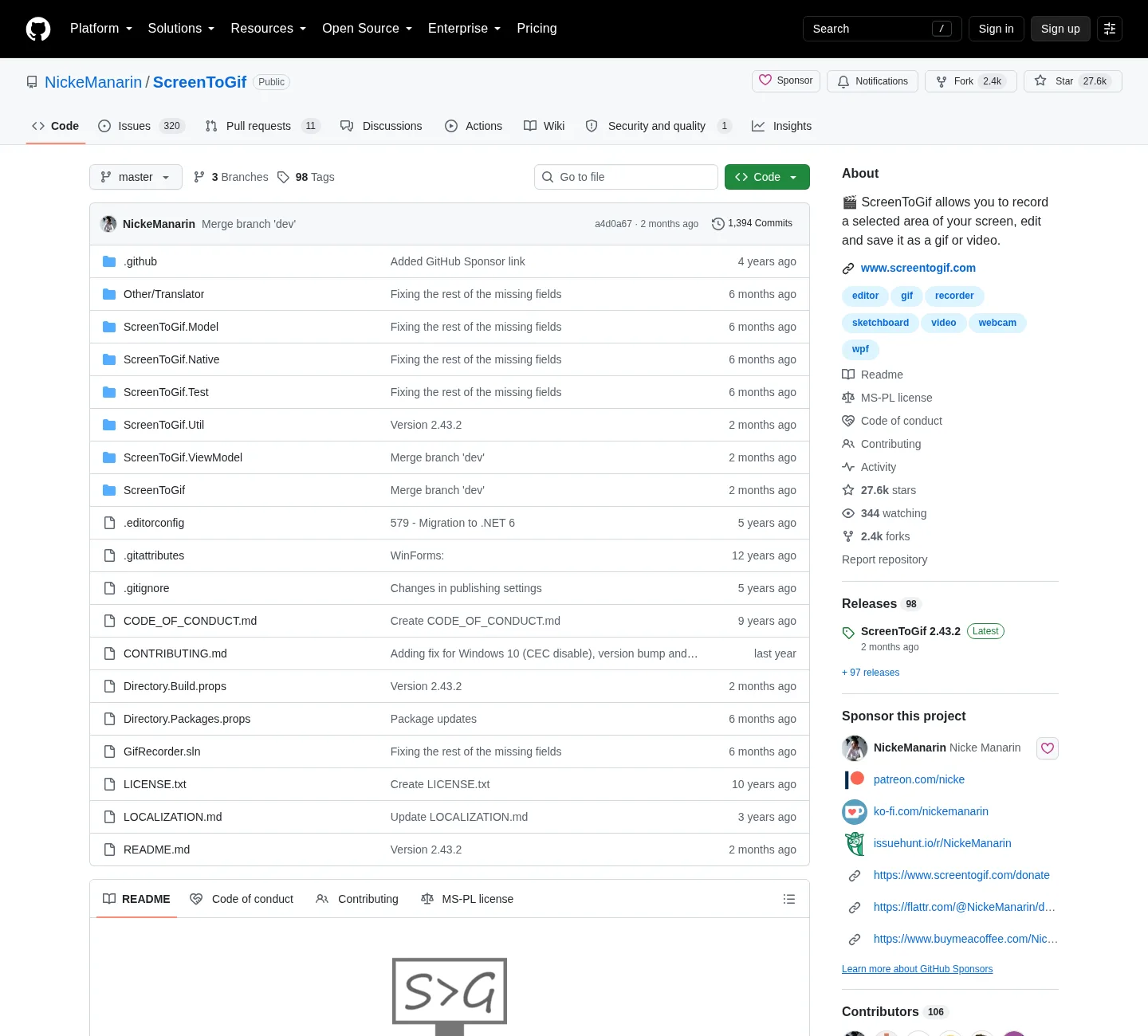 GitHub repository page for NickeManarin/ScreenToGif with the source tree and About panel.